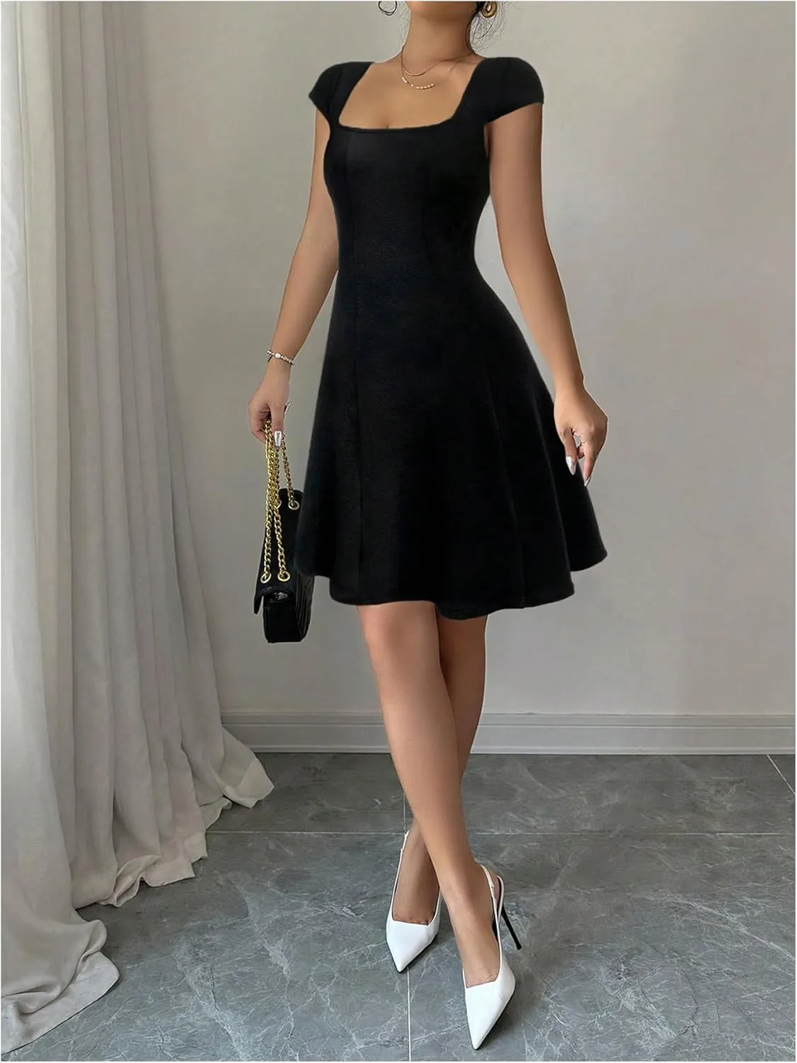 Milumia Women Square Neck Cap Sleeve Fitted Short Dress Flared A Line Mini Dresses