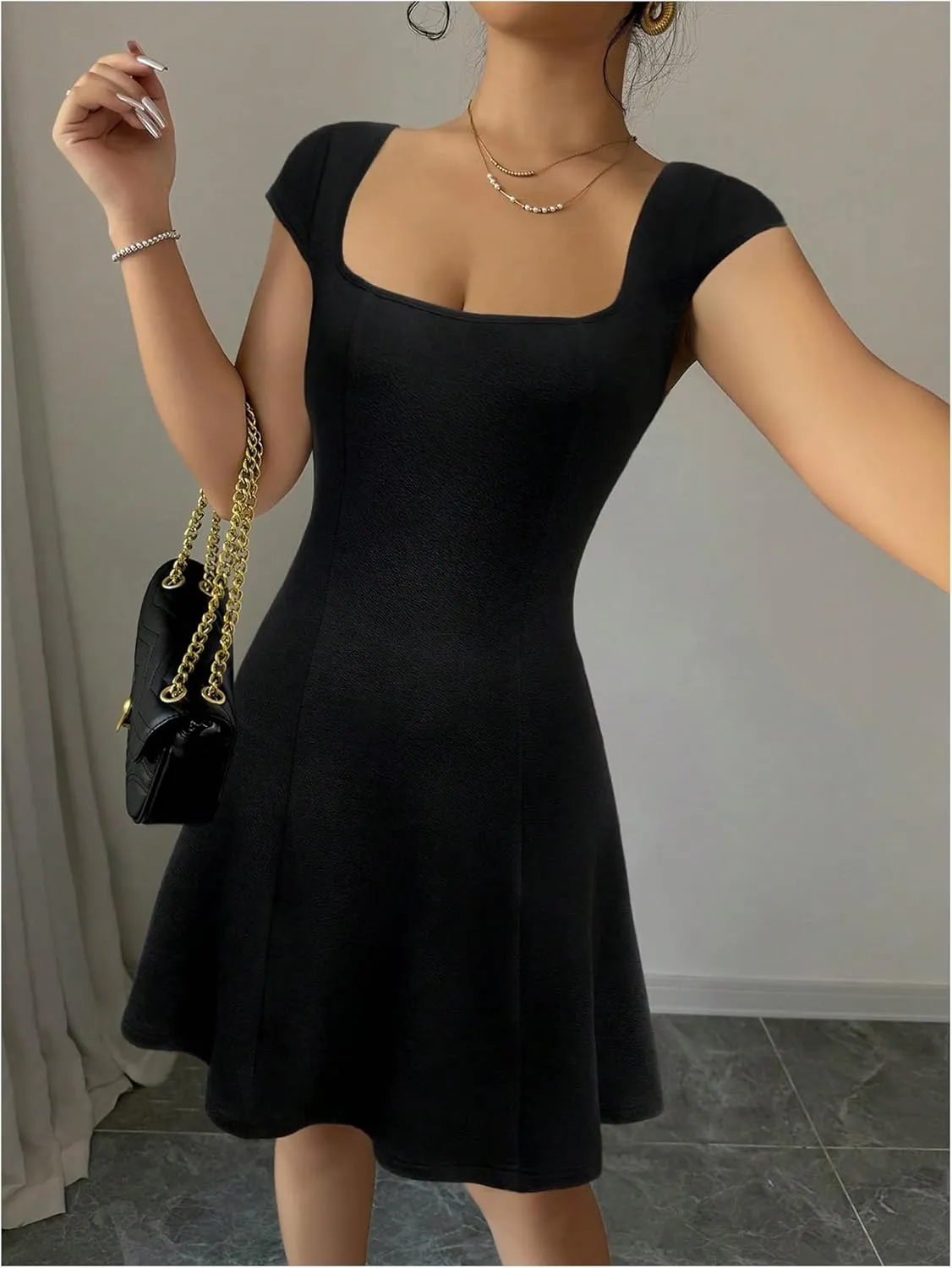 Milumia Women Square Neck Cap Sleeve Fitted Short Dress Flared A Line Mini Dresses