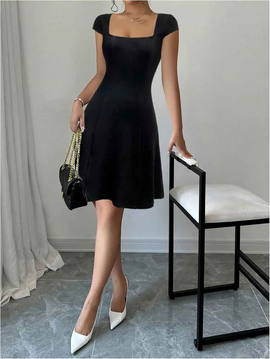 Milumia Women Square Neck Cap Sleeve Fitted Short Dress Flared A Line Mini Dresses