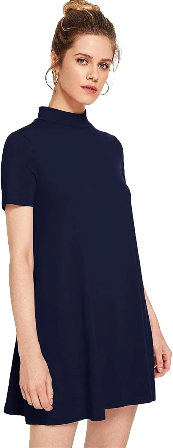 Milumia Women's Mock Neck T Shirt Dress Casual Short Sleeve Loose A Line Swing Mini Dress