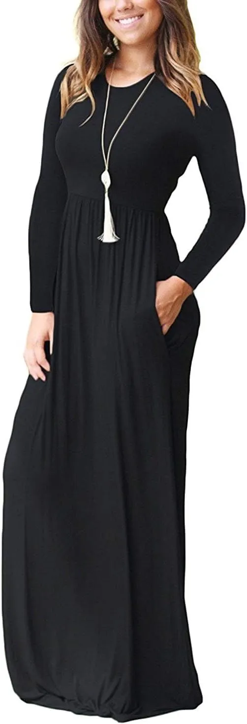 MISFAY Women's Long Sleeve Loose Plain Maxi Dresses Casual Long Dresses Pocket