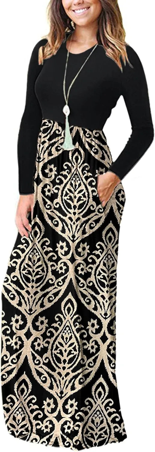 MISFAY Women's Long Sleeve Loose Plain Maxi Dresses Casual Long Dresses Pocket