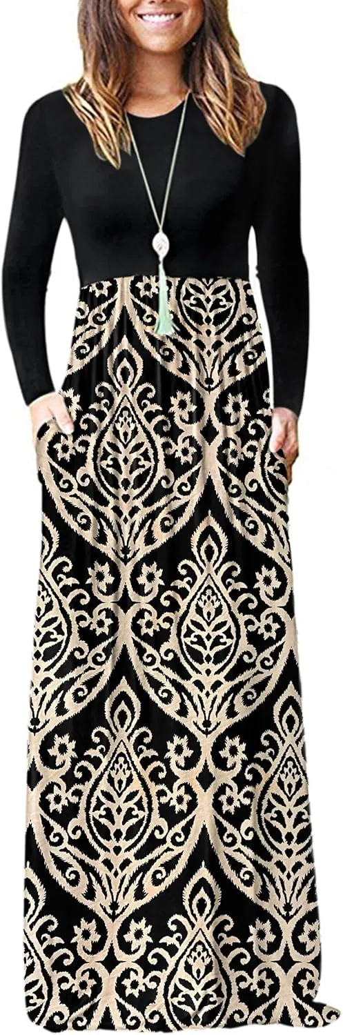 MISFAY Women's Long Sleeve Loose Plain Maxi Dresses Casual Long Dresses Pocket