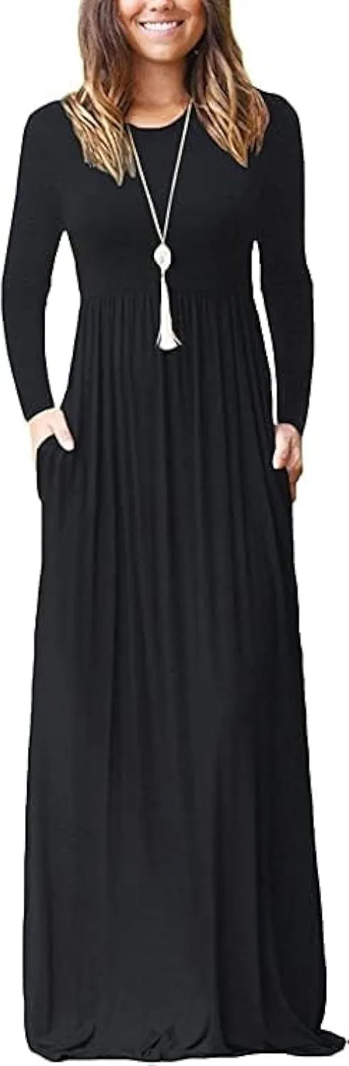 MISFAY Women's Long Sleeve Loose Plain Maxi Dresses Casual Long Dresses Pocket
