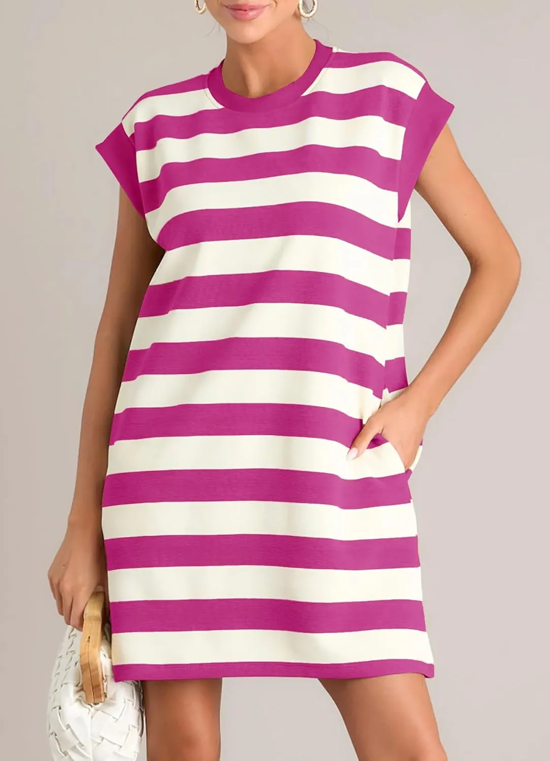 MITILLY Womens Striped Casual Summer Dresses Crewneck Cap Sleeve Color Block Shift Tshirt Short Dress with Pockets New