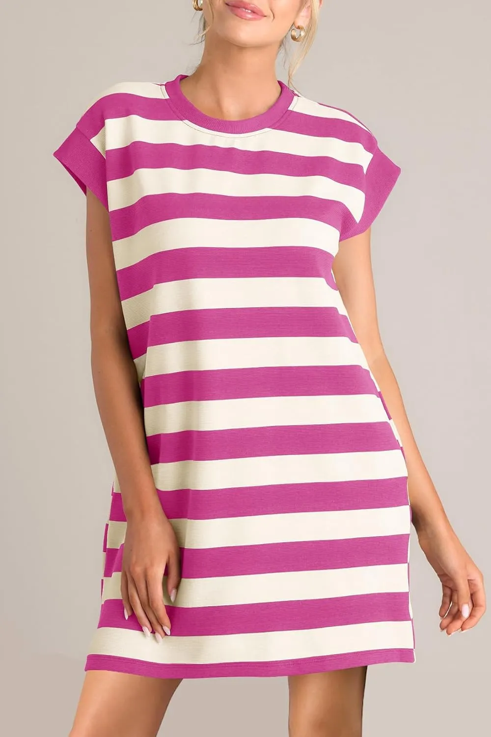 MITILLY Womens Striped Casual Summer Dresses Crewneck Cap Sleeve Color Block Shift Tshirt Short Dress with Pockets New