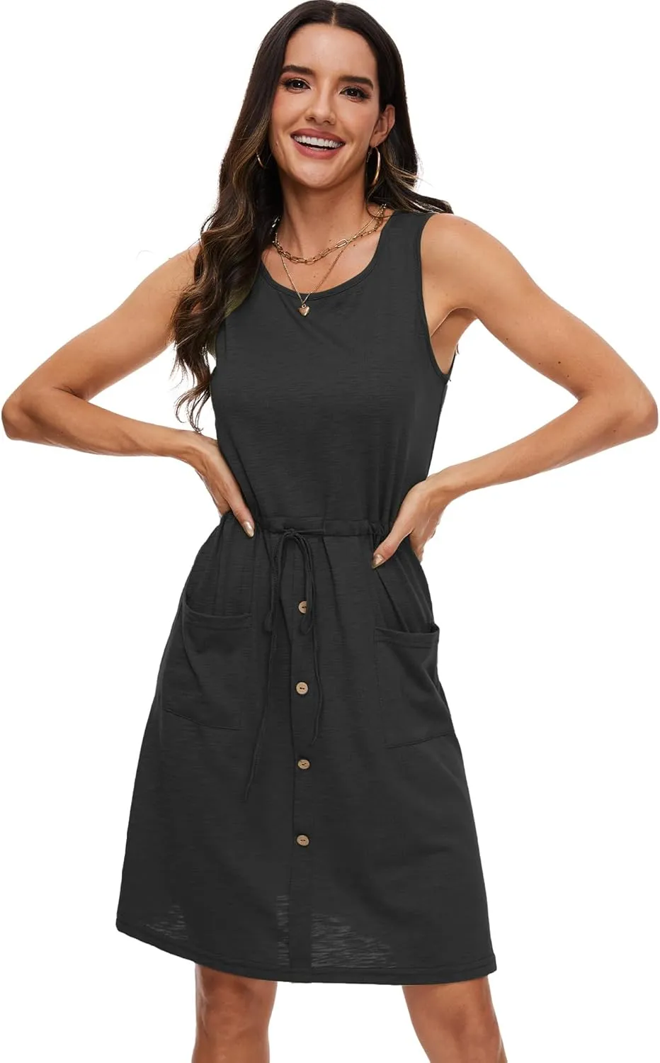 Moss Rose Women Summer Dresses Sleeveless Casual Loose Swing Midi Dress with Pockets