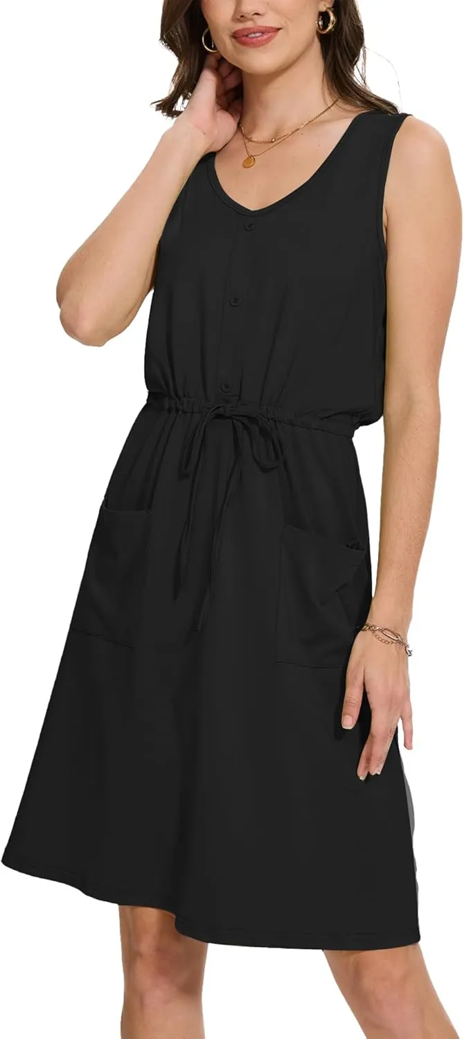 Moss Rose Women Summer Dresses Sleeveless Casual Loose Swing Midi Dress with Pockets