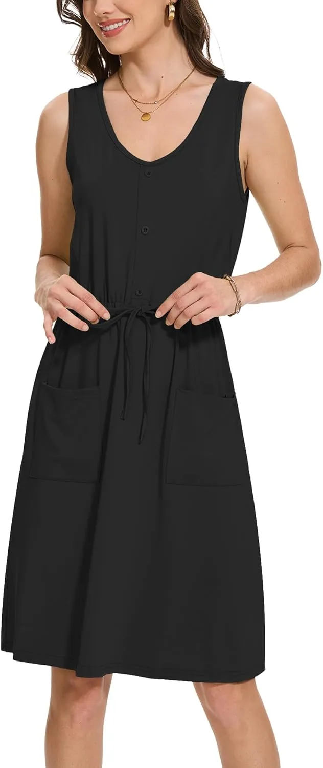 Moss Rose Women Summer Dresses Sleeveless Casual Loose Swing Midi Dress with Pockets