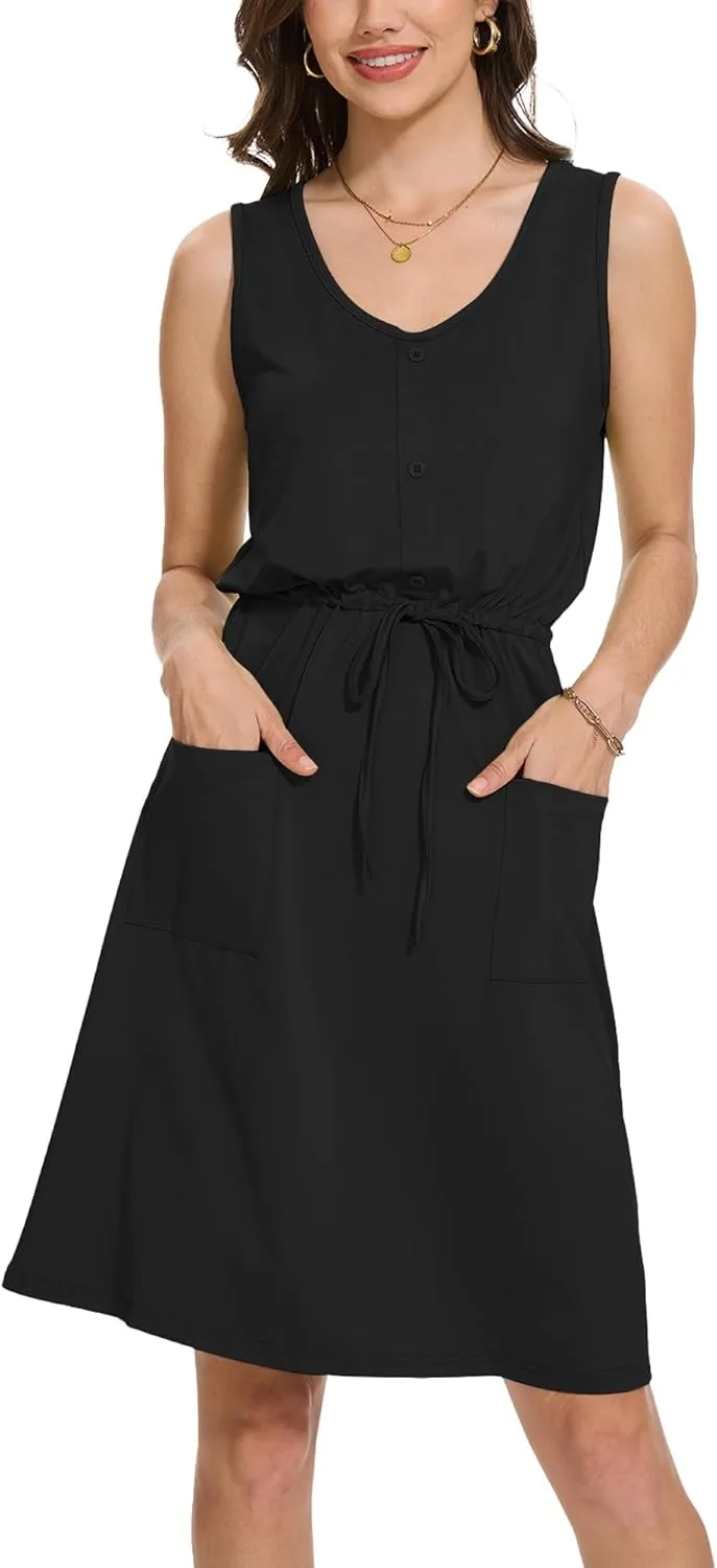 Moss Rose Women Summer Dresses Sleeveless Casual Loose Swing Midi Dress with Pockets