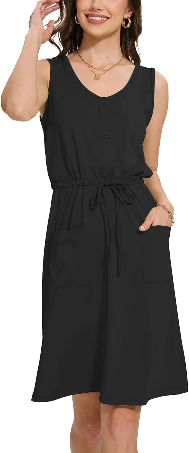 Moss Rose Women Summer Dresses Sleeveless Casual Loose Swing Midi Dress with Pockets