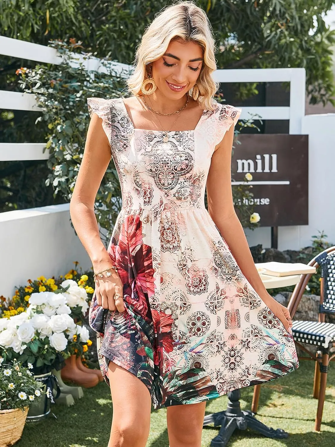 Naggoo Women's Summer Dresses Casual Square Neck Floral Sundress with Pockets A Line Flowy Beach Dress