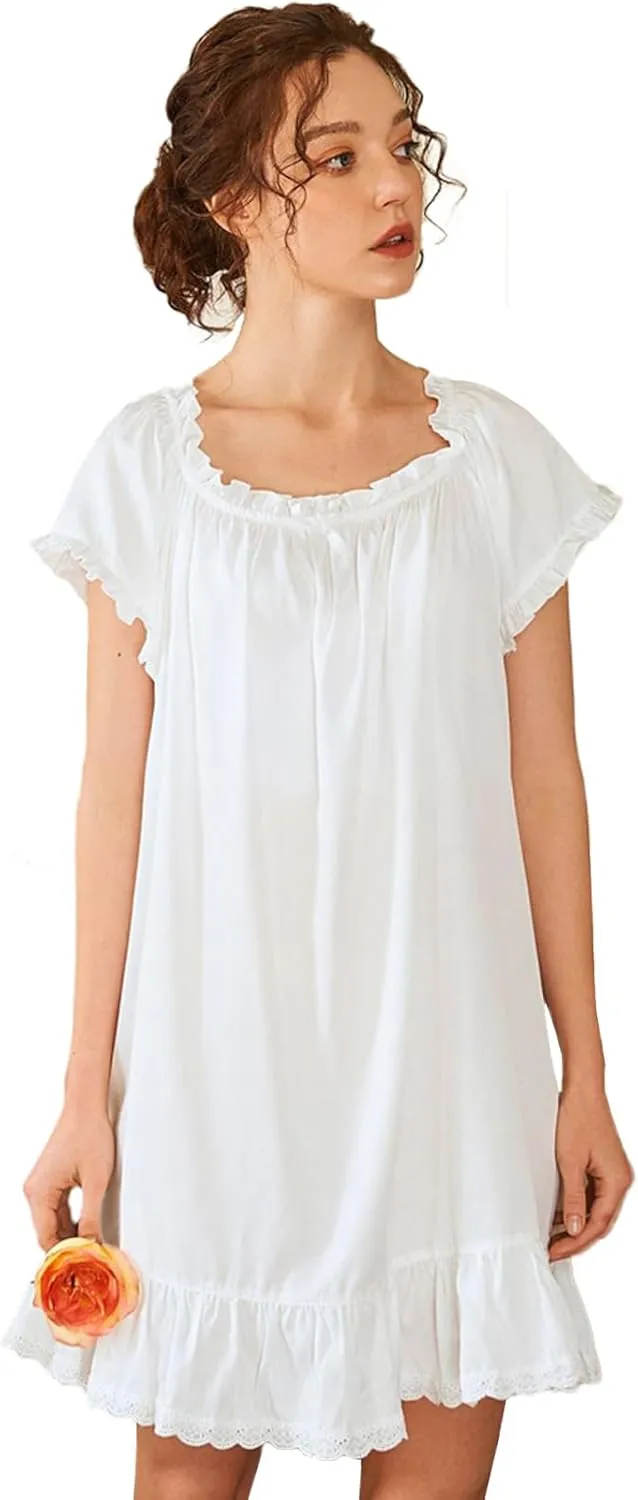 Nanxson Womens' Cotton Nightgown Short Sleeve Sleepwear Vintage Victorian Nightshirt Lounge Dress