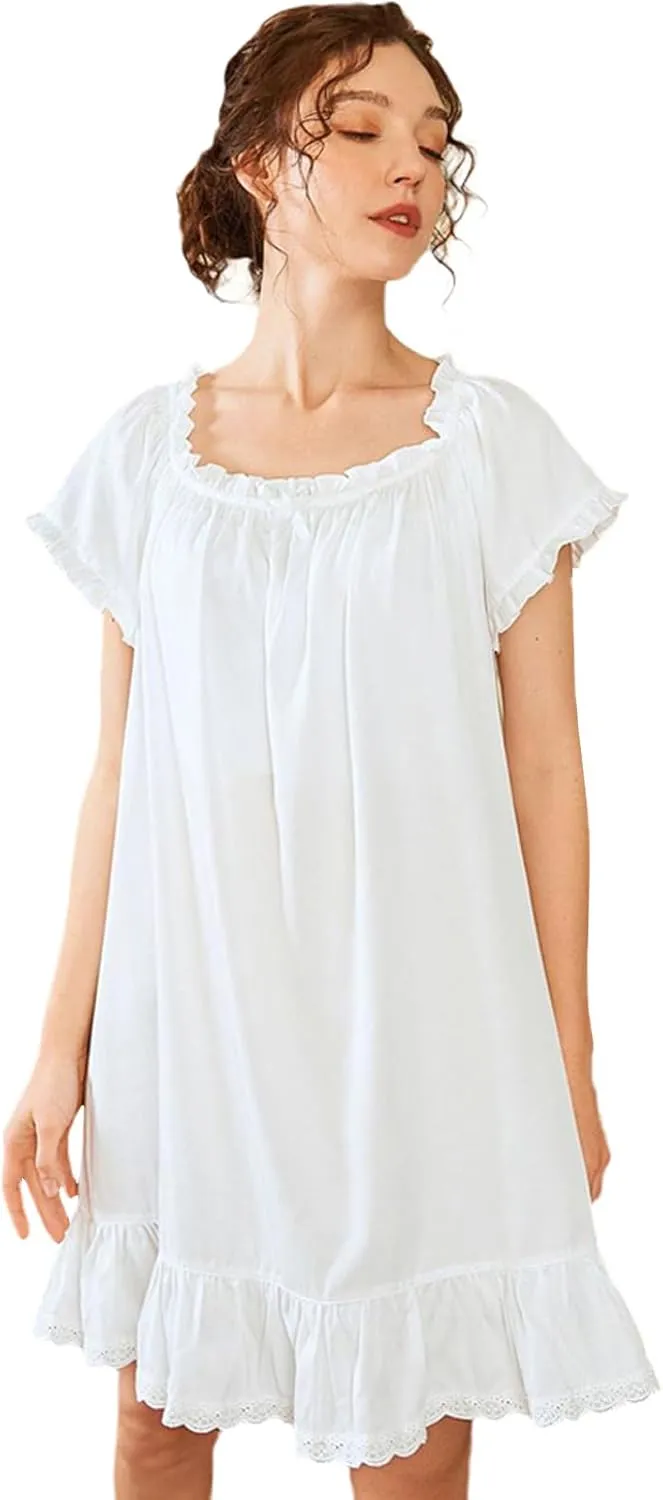 Nanxson Womens' Cotton Nightgown Short Sleeve Sleepwear Vintage Victorian Nightshirt Lounge Dress