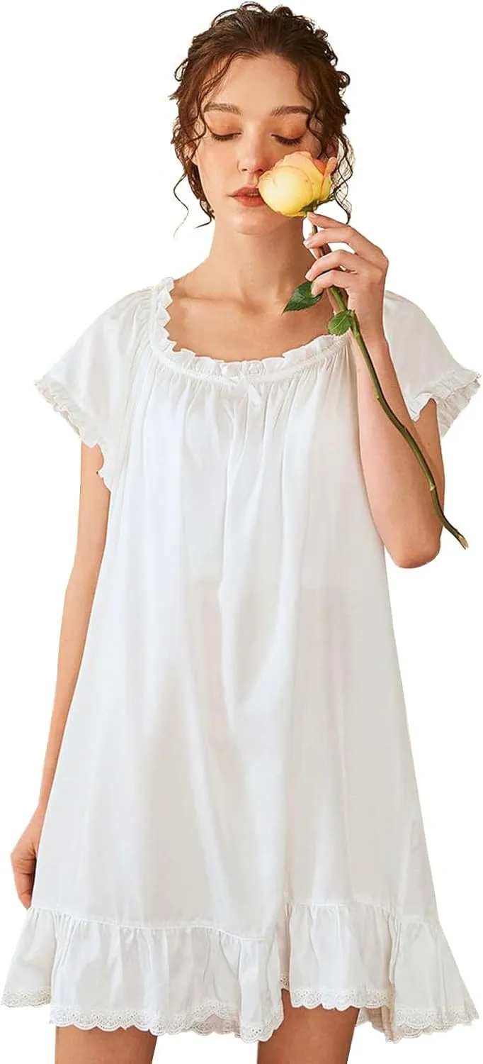 Nanxson Womens' Cotton Nightgown Short Sleeve Sleepwear Vintage Victorian Nightshirt Lounge Dress