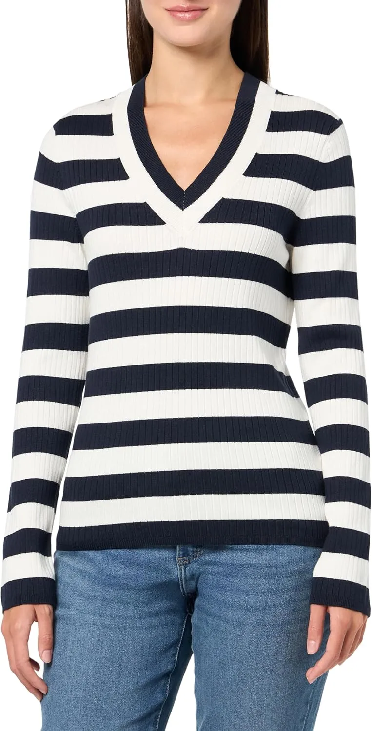 Nautica Women's Long Sleeve Striped V-Neck Ribbed Sweater