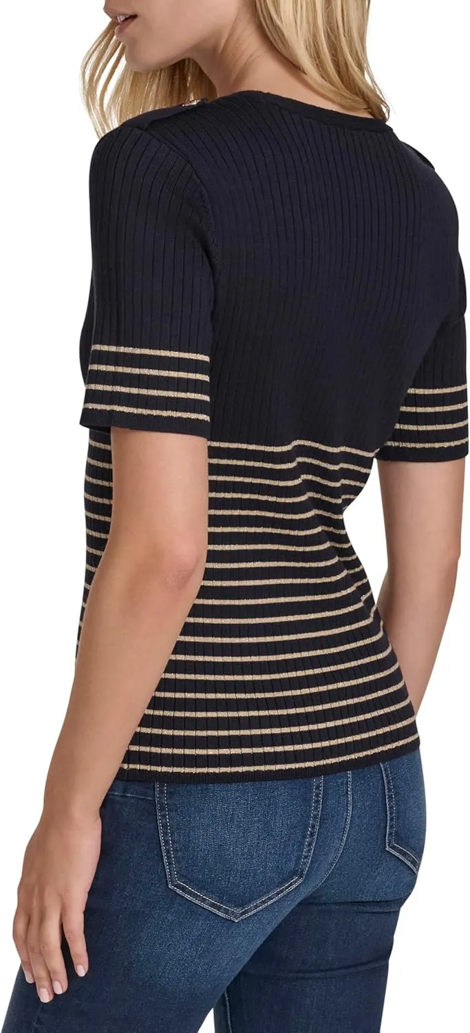Nautica Women's Short Sleeve Lurex V-Neck Pullover