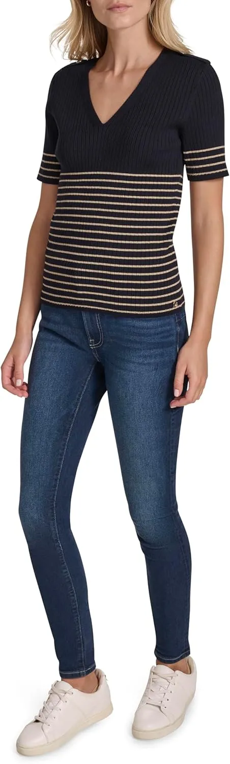 Nautica Women's Short Sleeve Lurex V-Neck Pullover