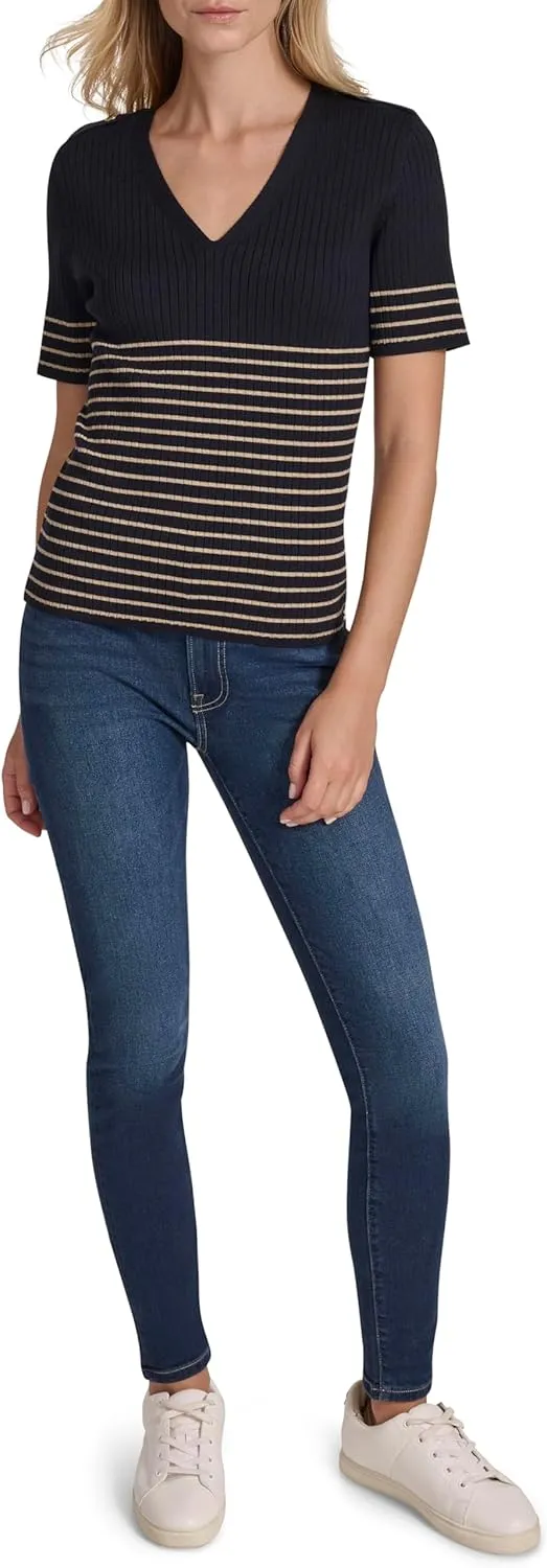 Nautica Women's Short Sleeve Lurex V-Neck Pullover