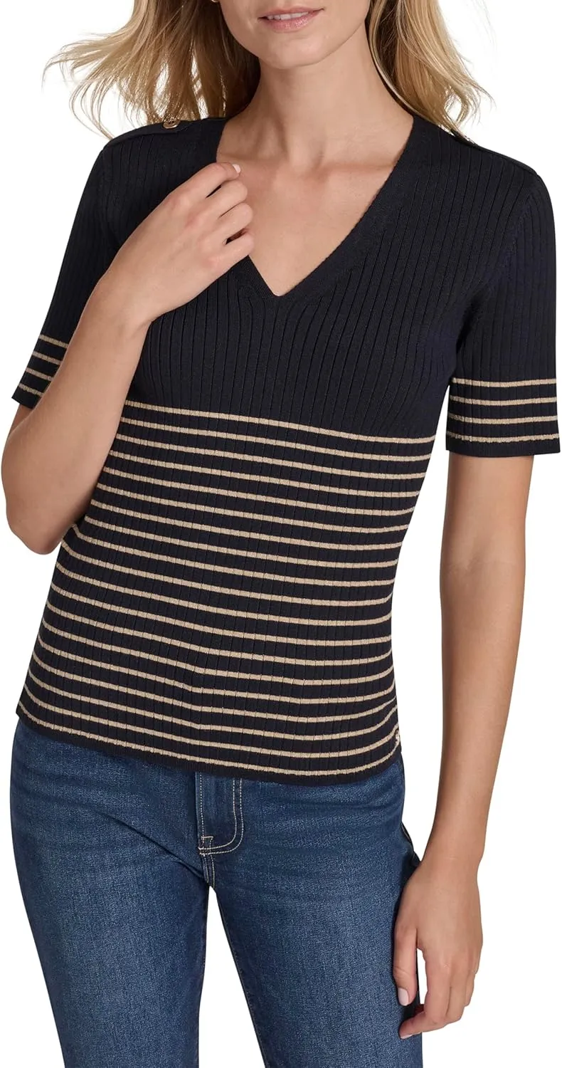 Nautica Women's Short Sleeve Lurex V-Neck Pullover