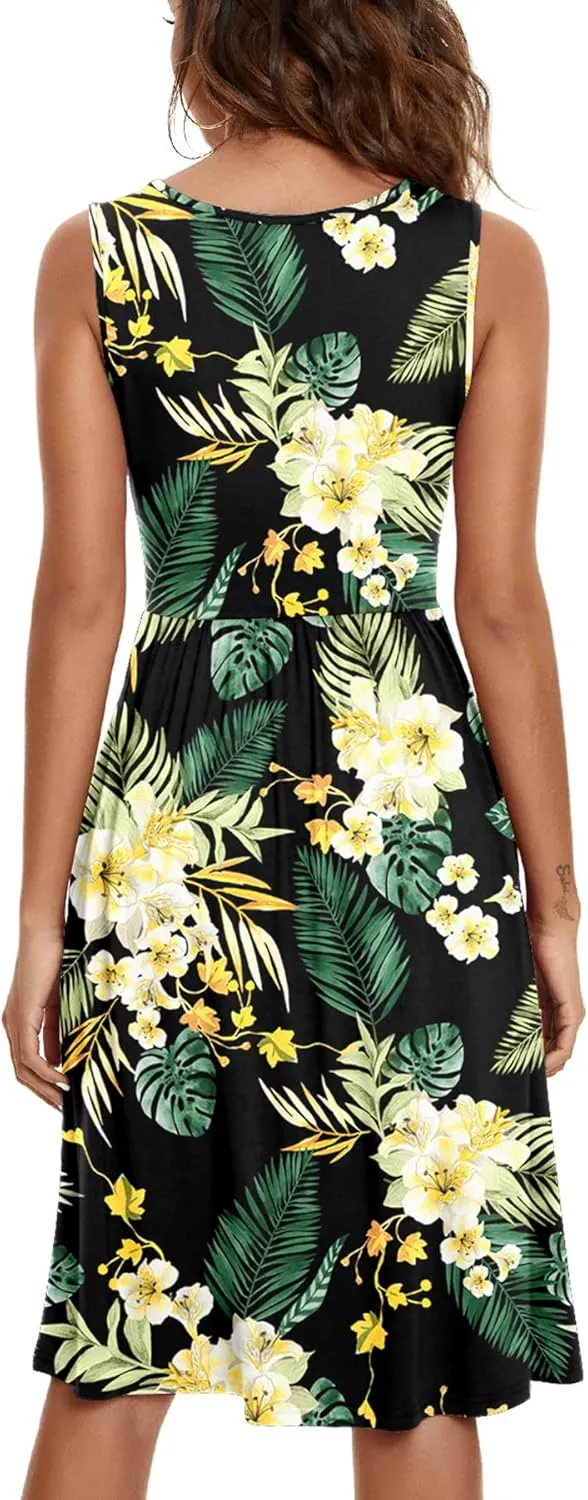 NILOUFO Womens Summer Casual Dresses Sleeveless V Neck Midi Dress with Pockets