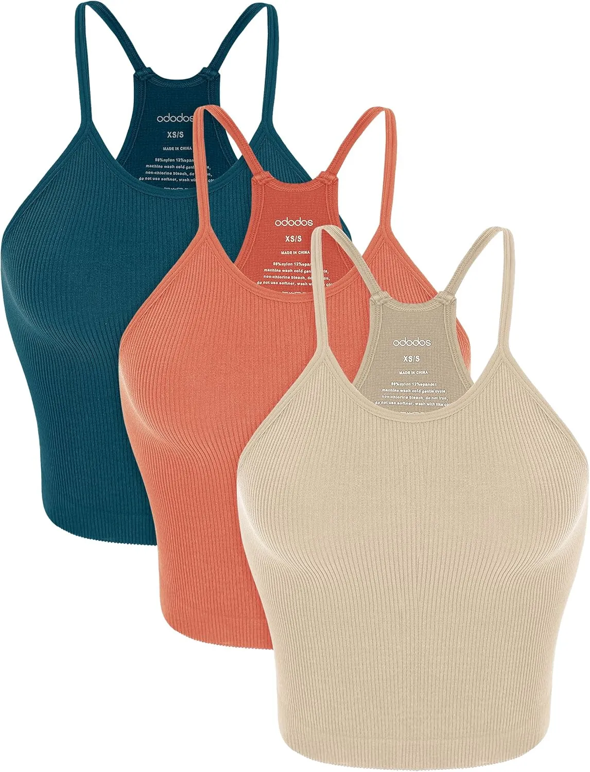 ODODOS Women's Crop 3-Pack Seamless Rib-Knit Camisole Crop Tank Tops