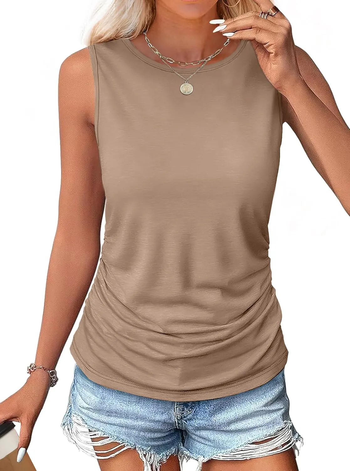 OFEEFAN Womens Ruched Tank Tops Crewneck Casual Summer Tops Basic Sleeveless Shirts