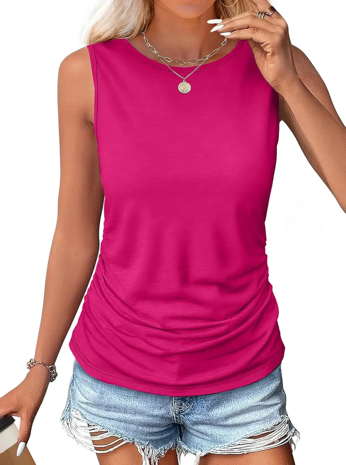 OFEEFAN Womens Ruched Tank Tops Crewneck Casual Summer Tops Basic Sleeveless Shirts