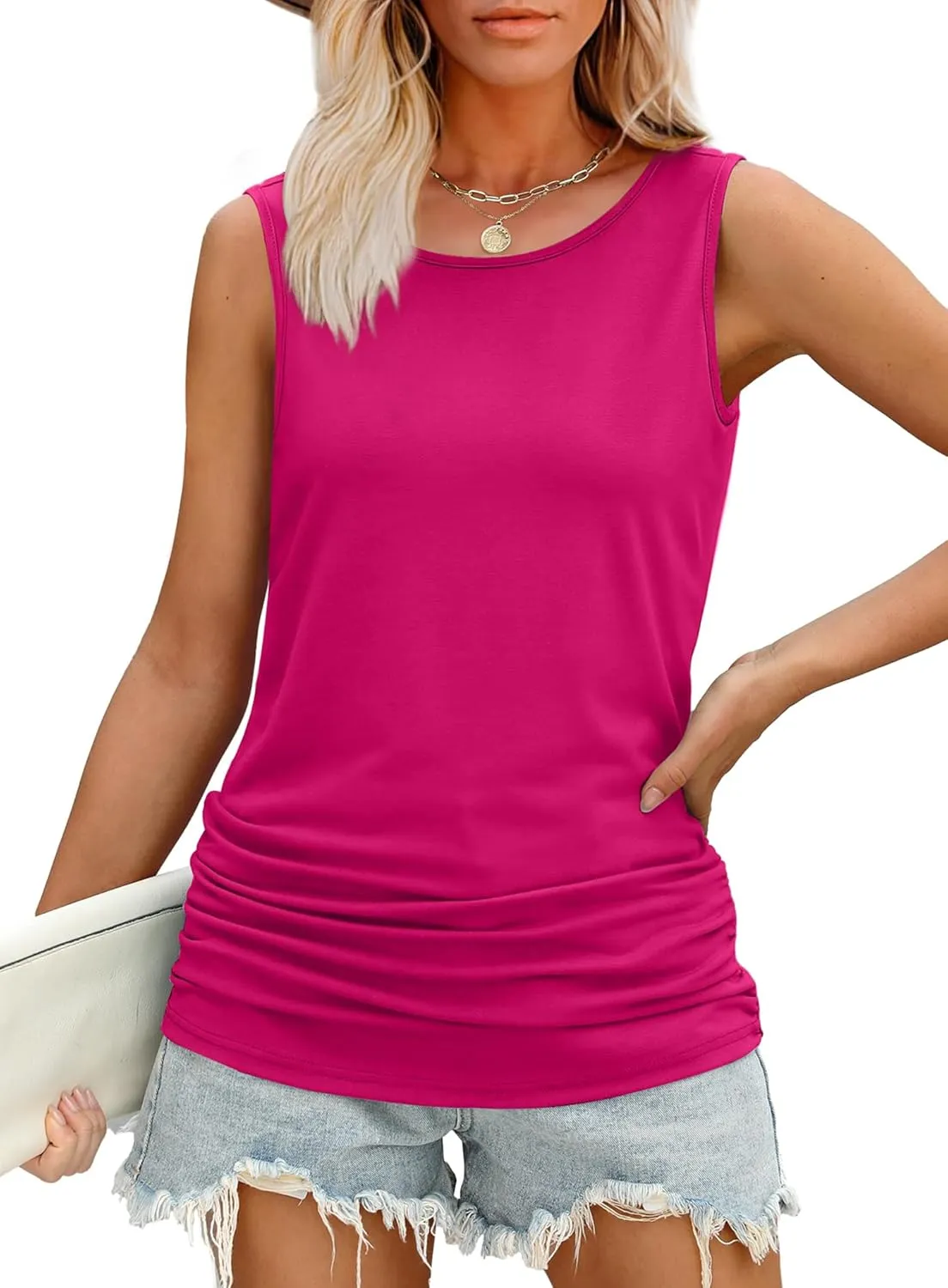 OFEEFAN Womens Ruched Tank Tops Crewneck Casual Summer Tops Basic Sleeveless Shirts