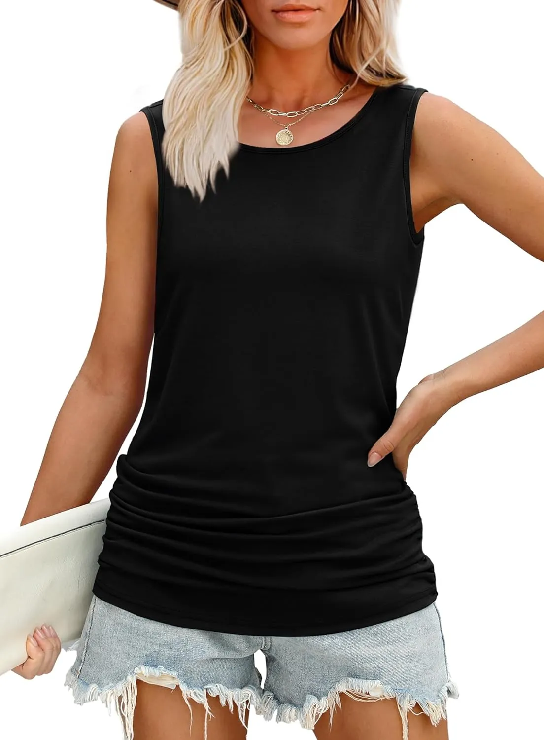 OFEEFAN Womens Ruched Tank Tops Crewneck Casual Summer Tops Basic Sleeveless Shirts
