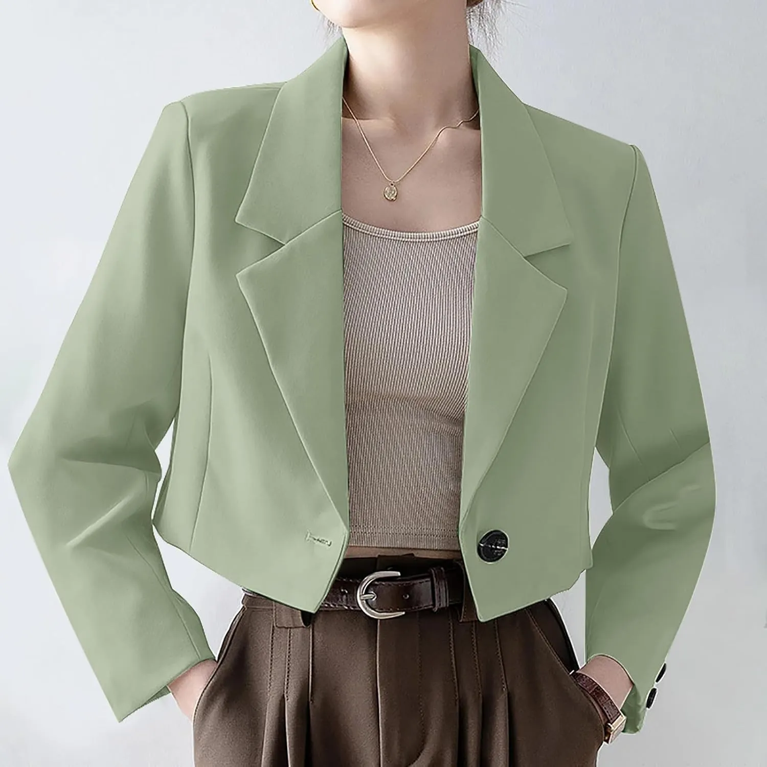 Open Front Blazers for Women Solid Color Long Sleeve Lapel Blazer Jackets Single Button Short Outerwear 2024