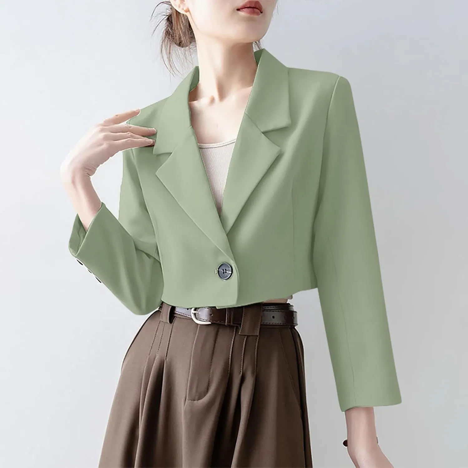 Open Front Blazers for Women Solid Color Long Sleeve Lapel Blazer Jackets Single Button Short Outerwear 2024