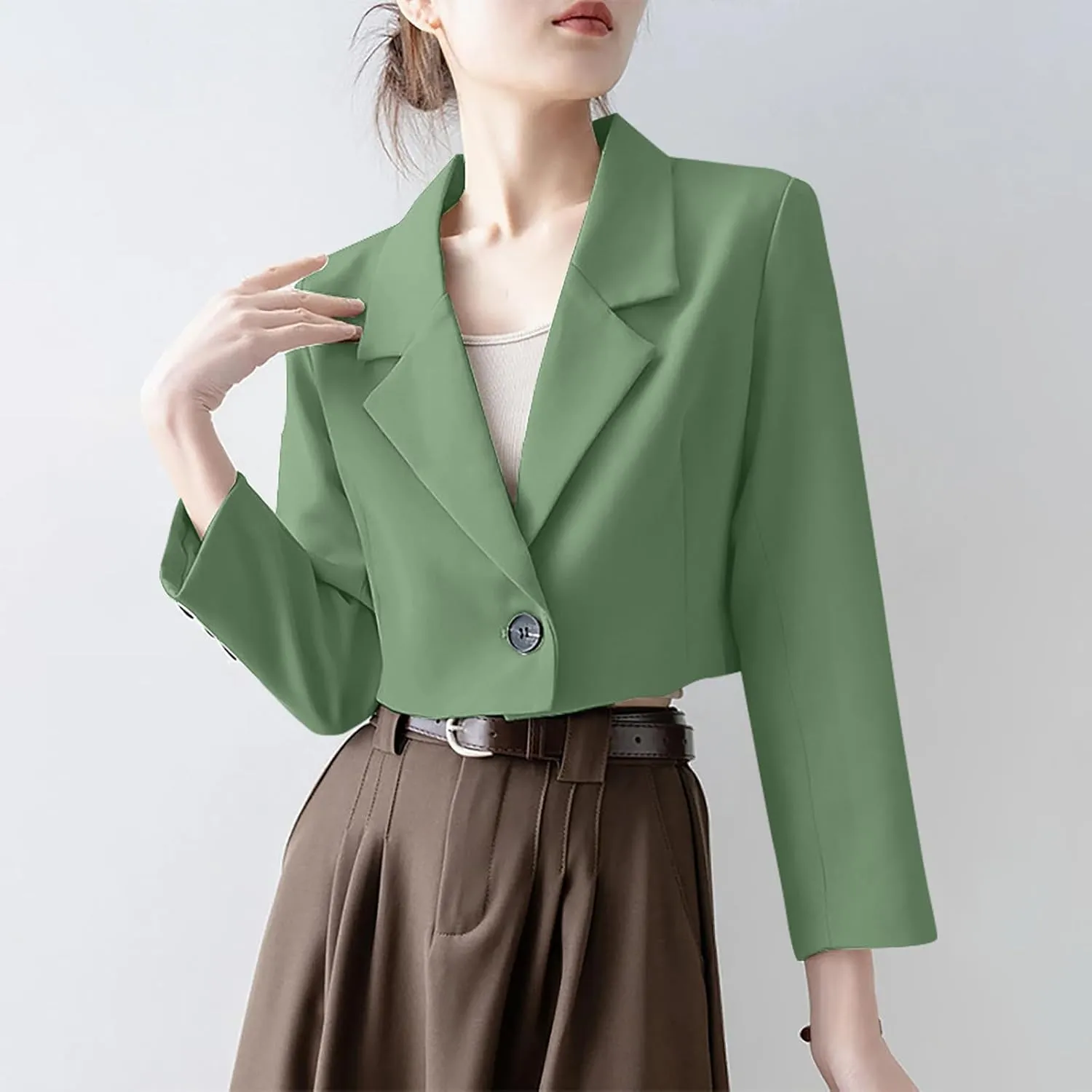 Open Front Blazers for Women Solid Color Long Sleeve Lapel Blazer Jackets Single Button Short Outerwear 2024