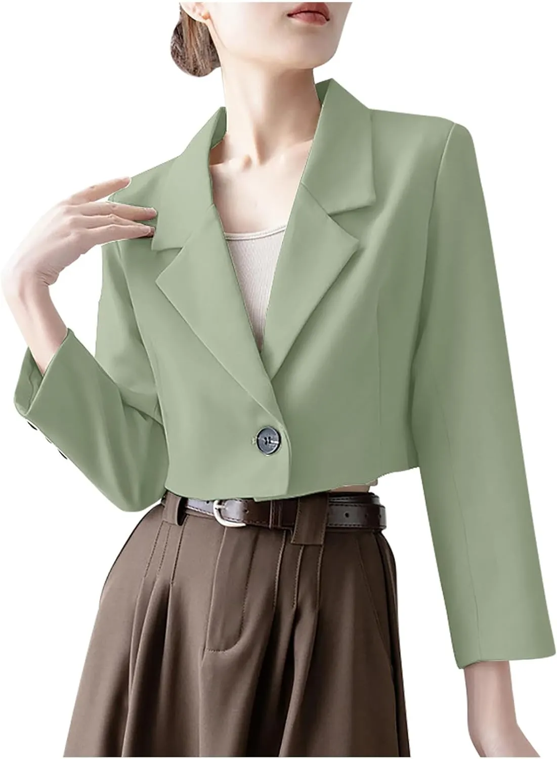 Open Front Blazers for Women Solid Color Long Sleeve Lapel Blazer Jackets Single Button Short Outerwear 2024