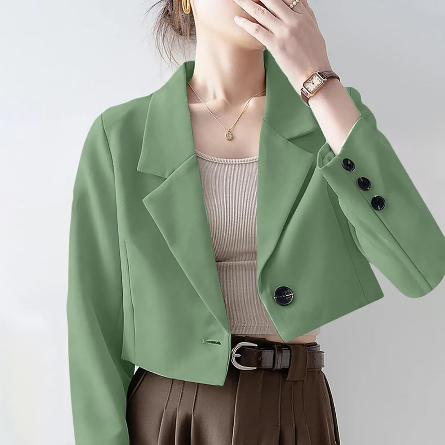 Open Front Blazers for Women Solid Color Long Sleeve Lapel Blazer Jackets Single Button Short Outerwear 2024