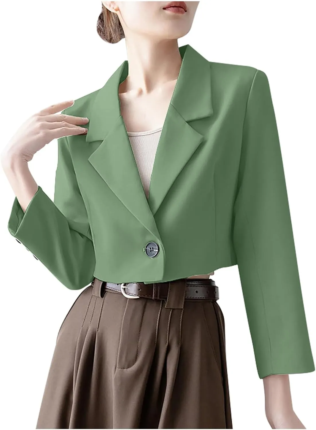 Open Front Blazers for Women Solid Color Long Sleeve Lapel Blazer Jackets Single Button Short Outerwear 2024