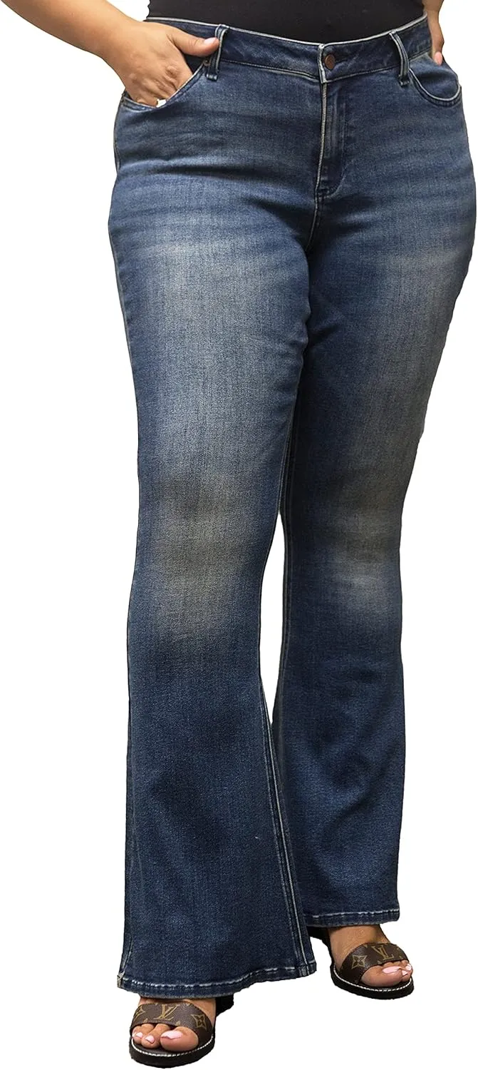 Poetic Justice Plus Size Women's Curvy Fit Stretch Denim Distressed Flare Jeans