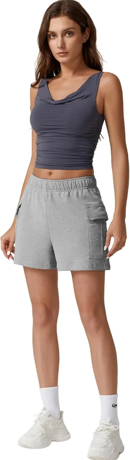 QINSEN Womens 100% Cotton Soft Casual Shorts Elastic Waist Summer Lounge Shorts with Pockets