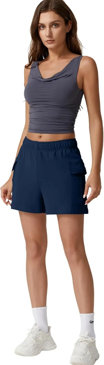 QINSEN Womens 100% Cotton Soft Casual Shorts Elastic Waist Summer Lounge Shorts with Pockets
