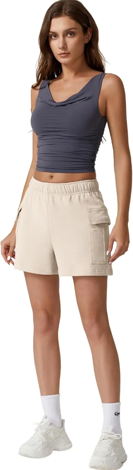 QINSEN Womens 100% Cotton Soft Casual Shorts Elastic Waist Summer Lounge Shorts with Pockets