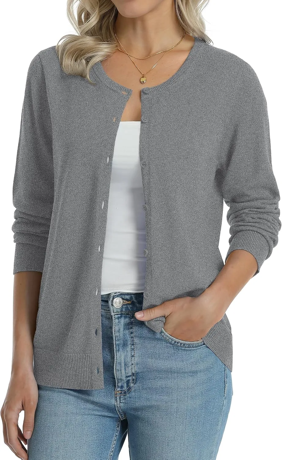 QUALFORT Women's 100% Cotton Lightweight Cardigans Long Sleeve Knitted Button Down Sweater