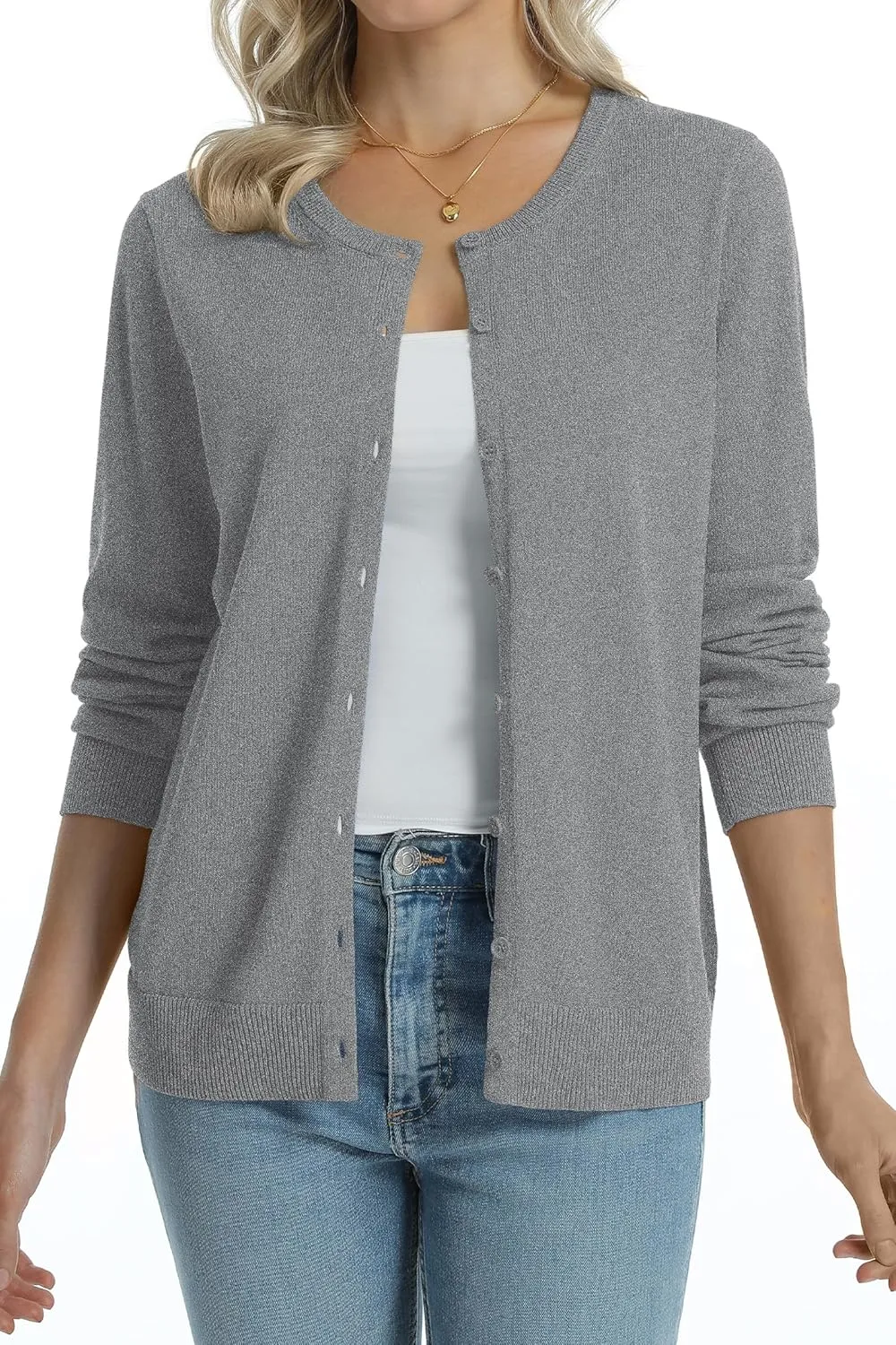 QUALFORT Women's 100% Cotton Lightweight Cardigans Long Sleeve Knitted Button Down Sweater