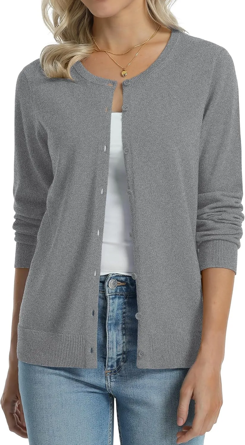 QUALFORT Women's 100% Cotton Lightweight Cardigans Long Sleeve Knitted Button Down Sweater