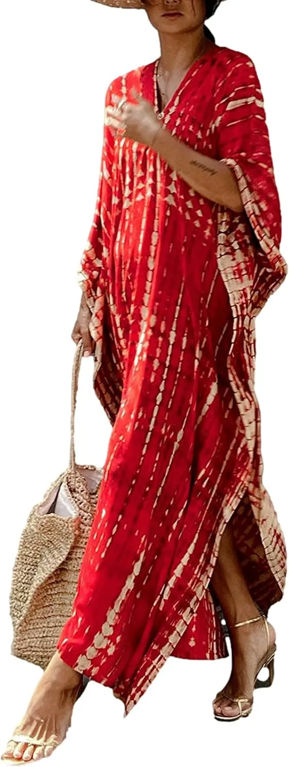 RanRui Women's Plus Size Caftans tie dye Vneck Kaftan Dresses Loose Soft Kaftan Loungewear