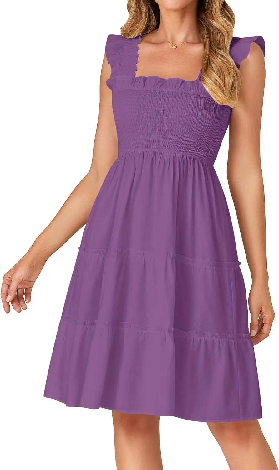 Rooscier Women's Square Neck Smocked Ruffle Sleeveless Tiered A Line Sundress Mini Dress