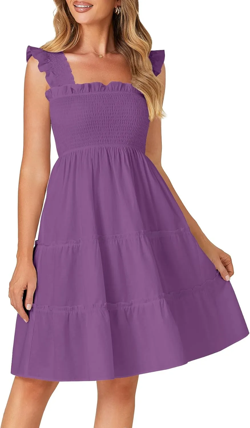 Rooscier Women's Square Neck Smocked Ruffle Sleeveless Tiered A Line Sundress Mini Dress