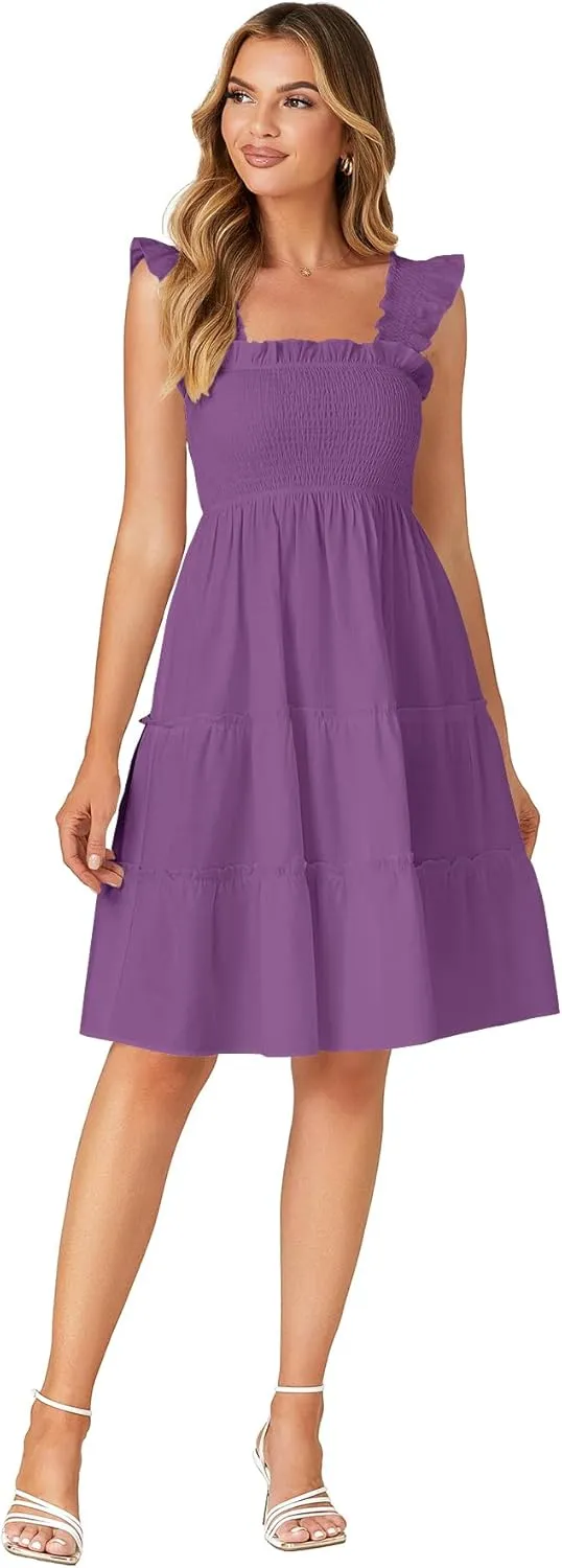 Rooscier Women's Square Neck Smocked Ruffle Sleeveless Tiered A Line Sundress Mini Dress