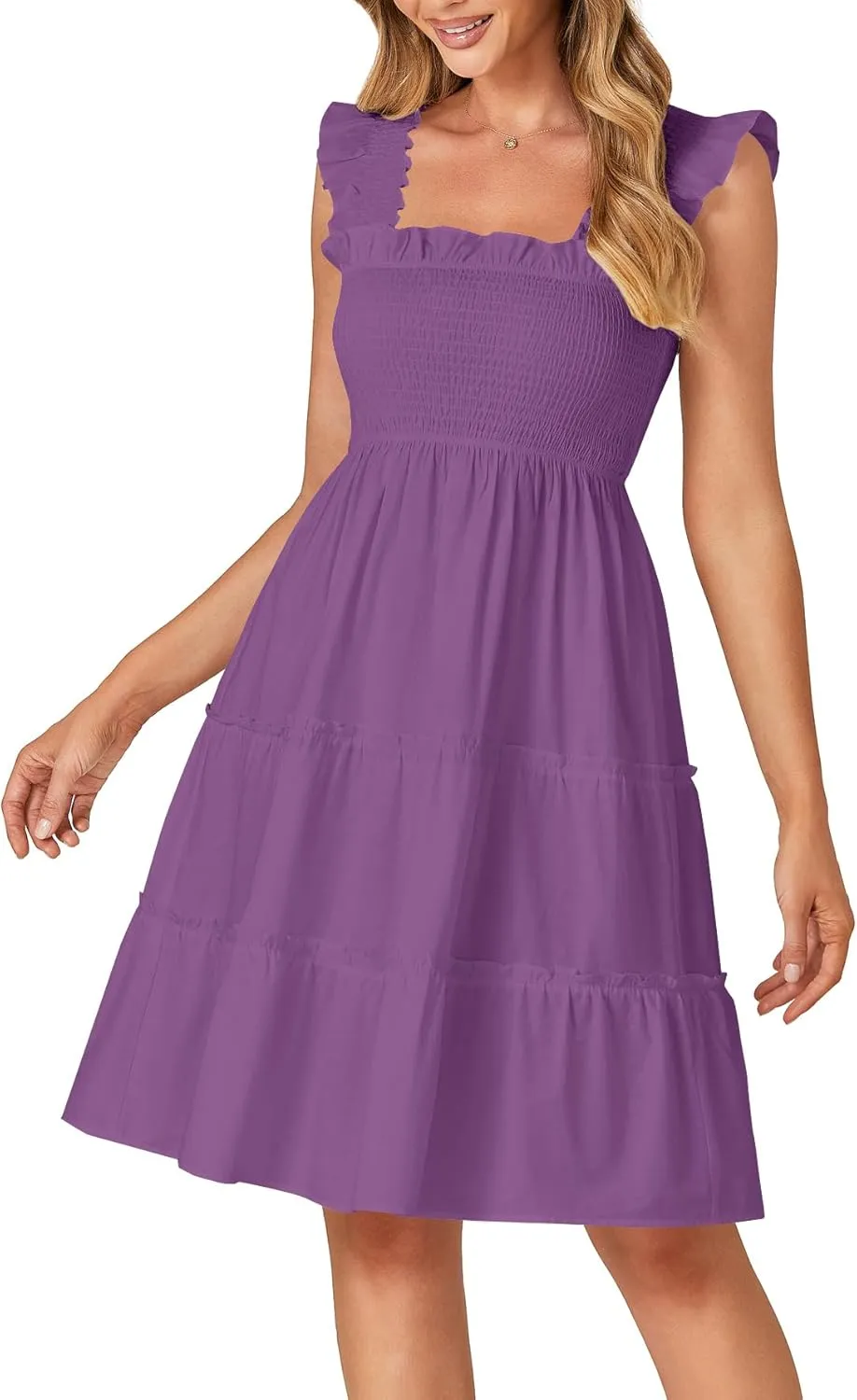 Rooscier Women's Square Neck Smocked Ruffle Sleeveless Tiered A Line Sundress Mini Dress