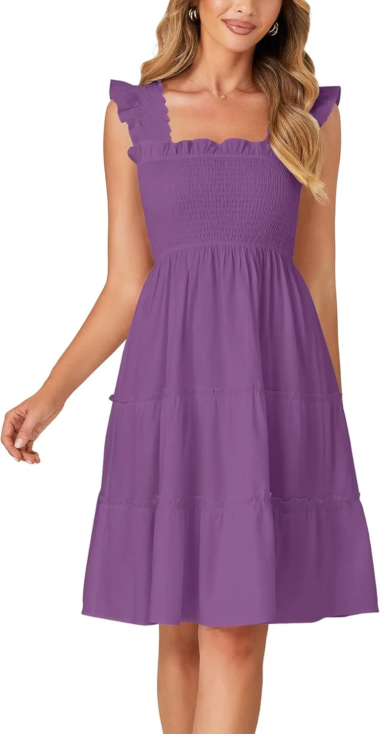 Rooscier Women's Square Neck Smocked Ruffle Sleeveless Tiered A Line Sundress Mini Dress