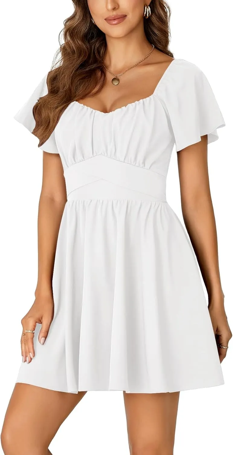 Rooscier Women's Tie Back Square Neck Wrap Ruffle Short Sleeve Flare Mini Dress
